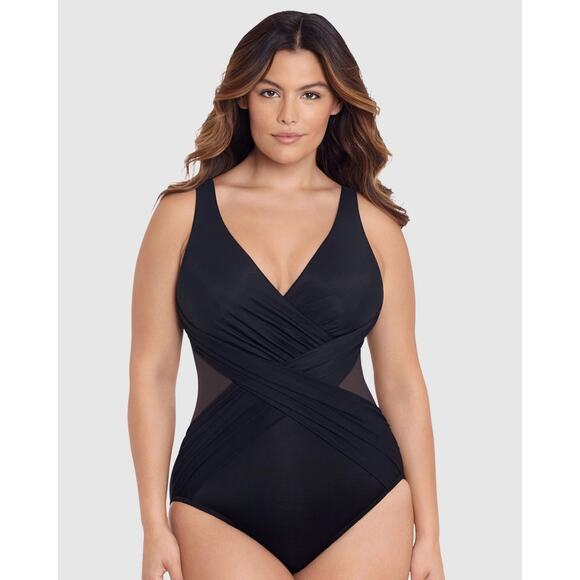 NWT Miraclesuit Illusionists Crossover Draped Shaping Swimsuit Black Plus 18W - Picture 1 of 6